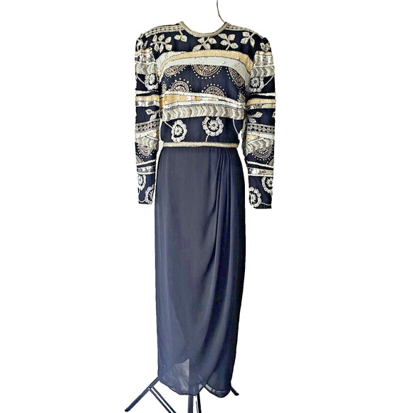 Jack Bryan Vintage Black Beaded Long Sleeves Evening Gown Size 16 - Picture 1 of 7